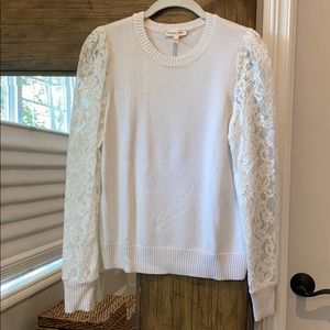 Rebecca Taylor white sweater with lace sleeves